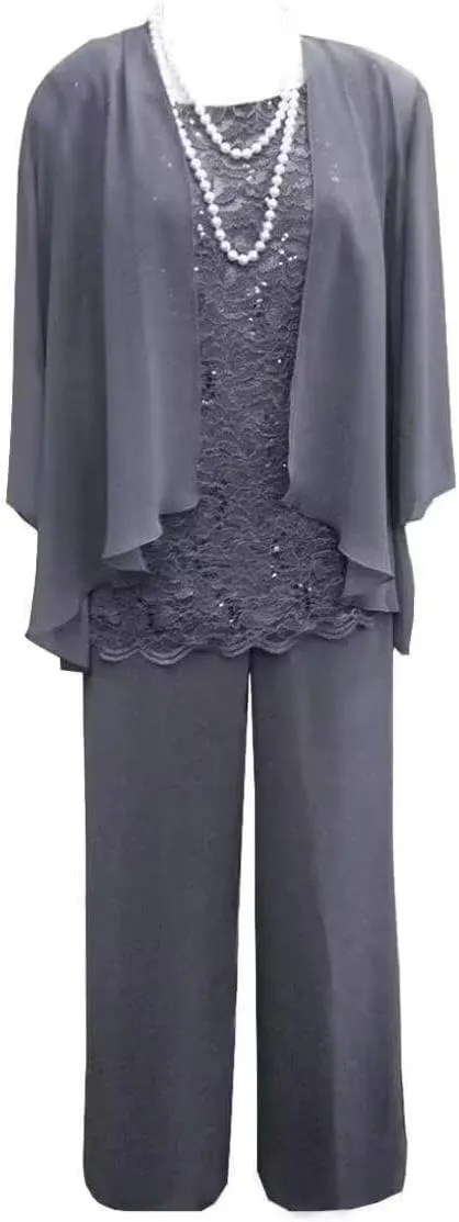 3 Pieces Pant Suits for Women Dressy Lace Chiffon Formal Wedding Guest Dress with Jacket