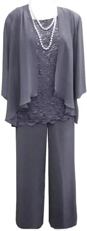 3 Pieces Pant Suits for Women Dressy Lace Chiffon Formal Wedding Guest Dress with Jacket