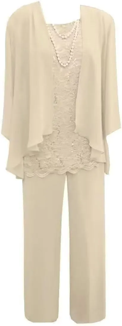 3 Pieces Pant Suits for Women Dressy Lace Chiffon Formal Wedding Guest Dress with Jacket