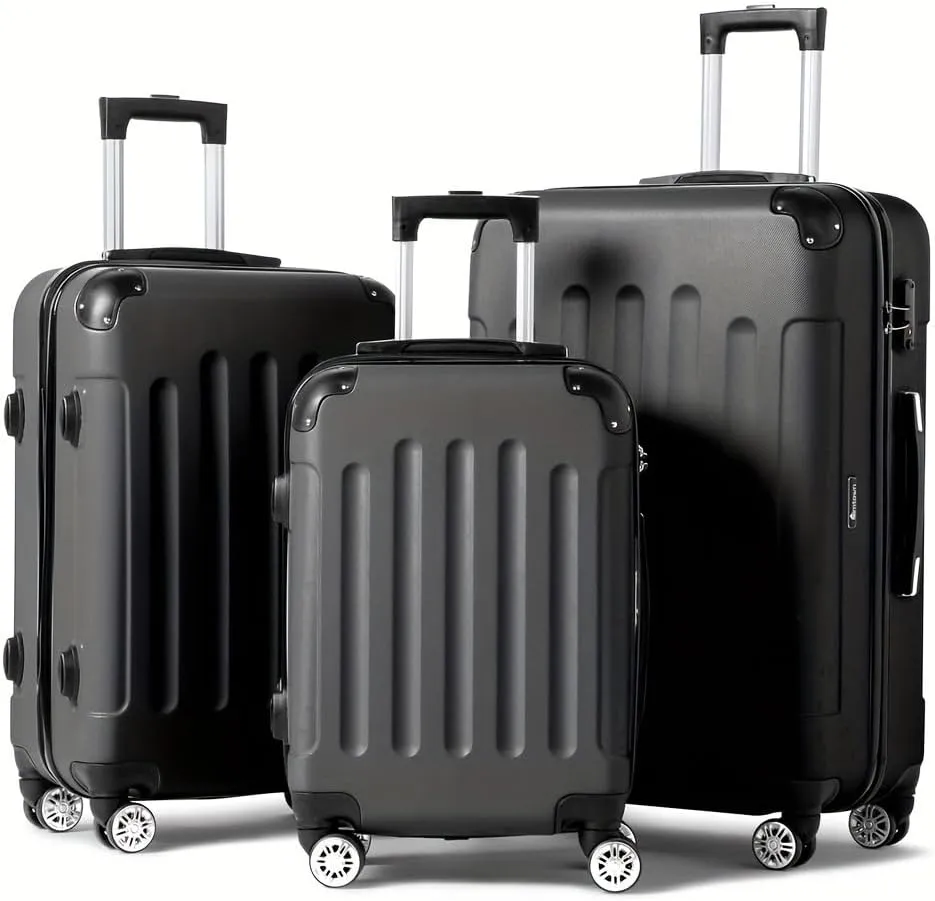 3pcs Luggage with Corner Protectors Large Capacity Suitcase Lightweight Travel with TSA Lock 20/24/28-Inch (Black)