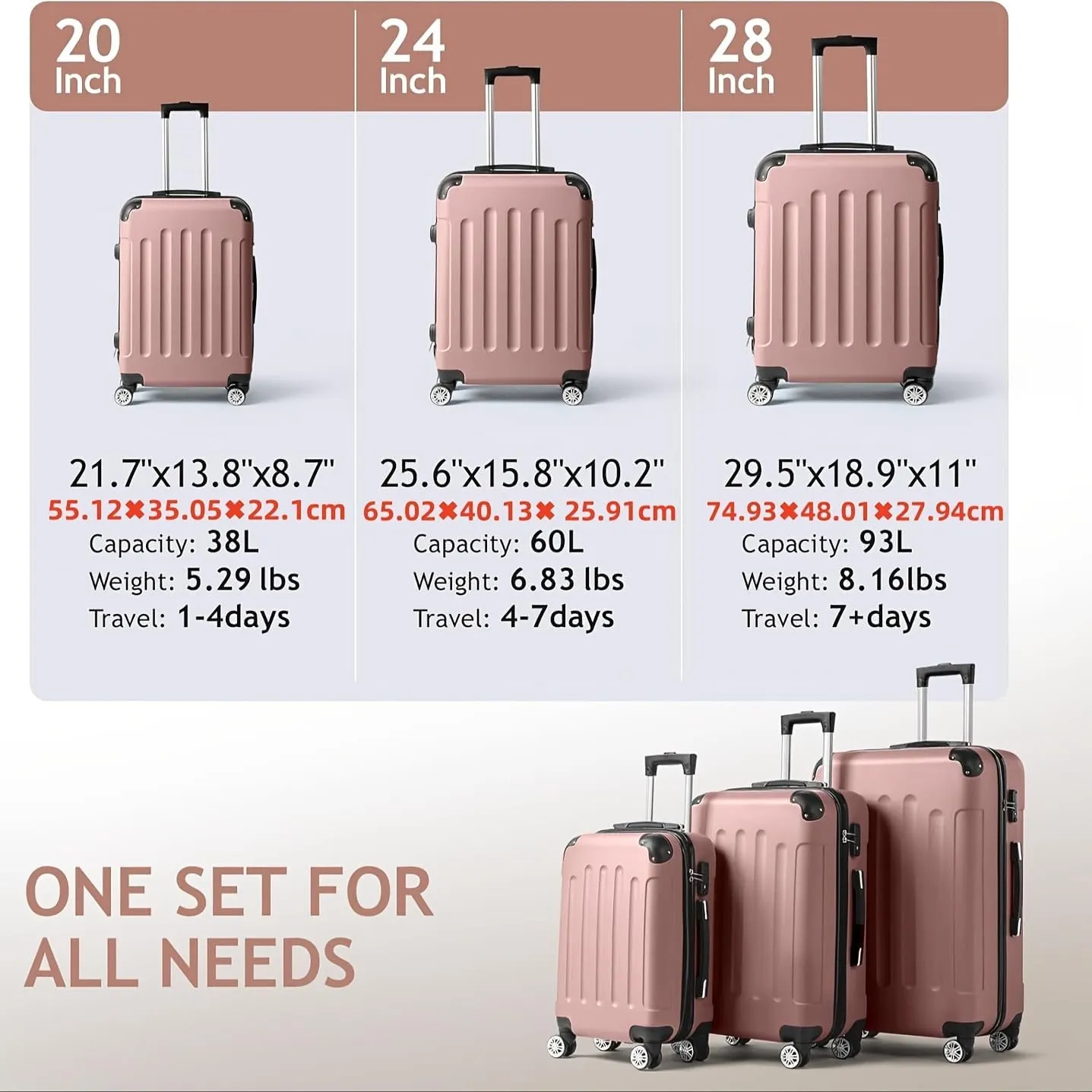 3pcs Luggage with Corner Protectors Large Capacity Suitcase Lightweight Travel with TSA Lock 20/24/28-Inch (Black)