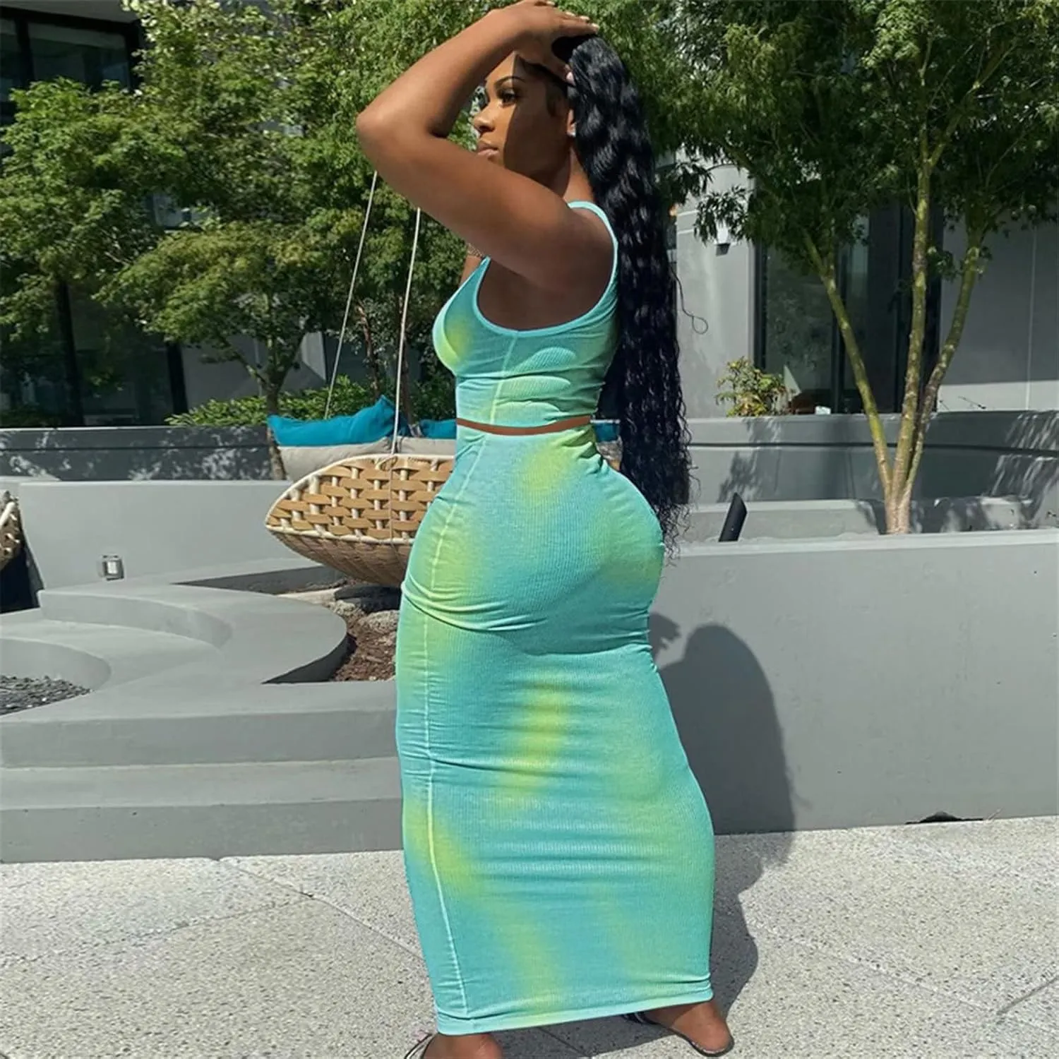 Adogirl Women's Sexy Summer Scoop Neck Ottoman Rib 2 Piece Outfit Bodycon Crop Tank Tops Long Maxi Skirt Set Club Dress