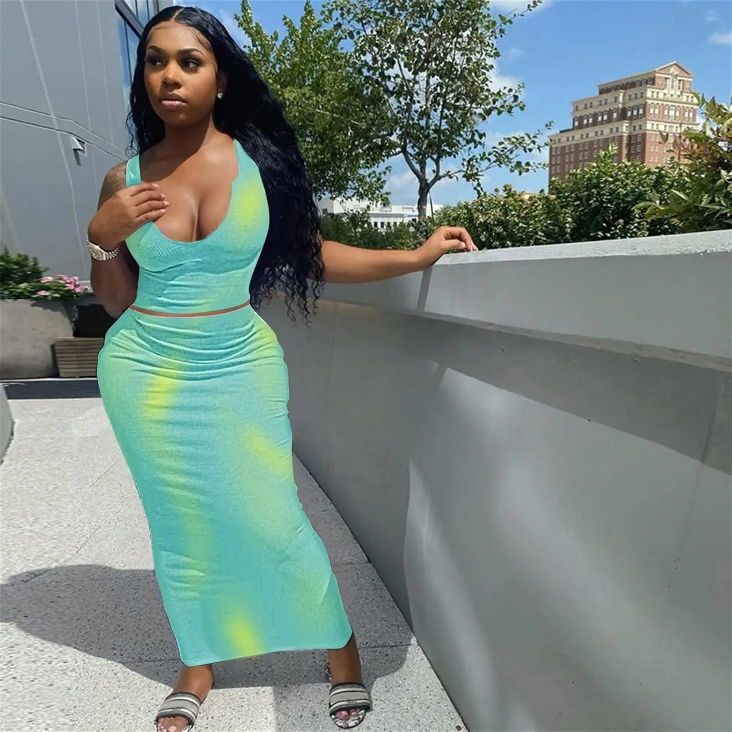 Adogirl Women's Sexy Summer Scoop Neck Ottoman Rib 2 Piece Outfit Bodycon Crop Tank Tops Long Maxi Skirt Set Club Dress