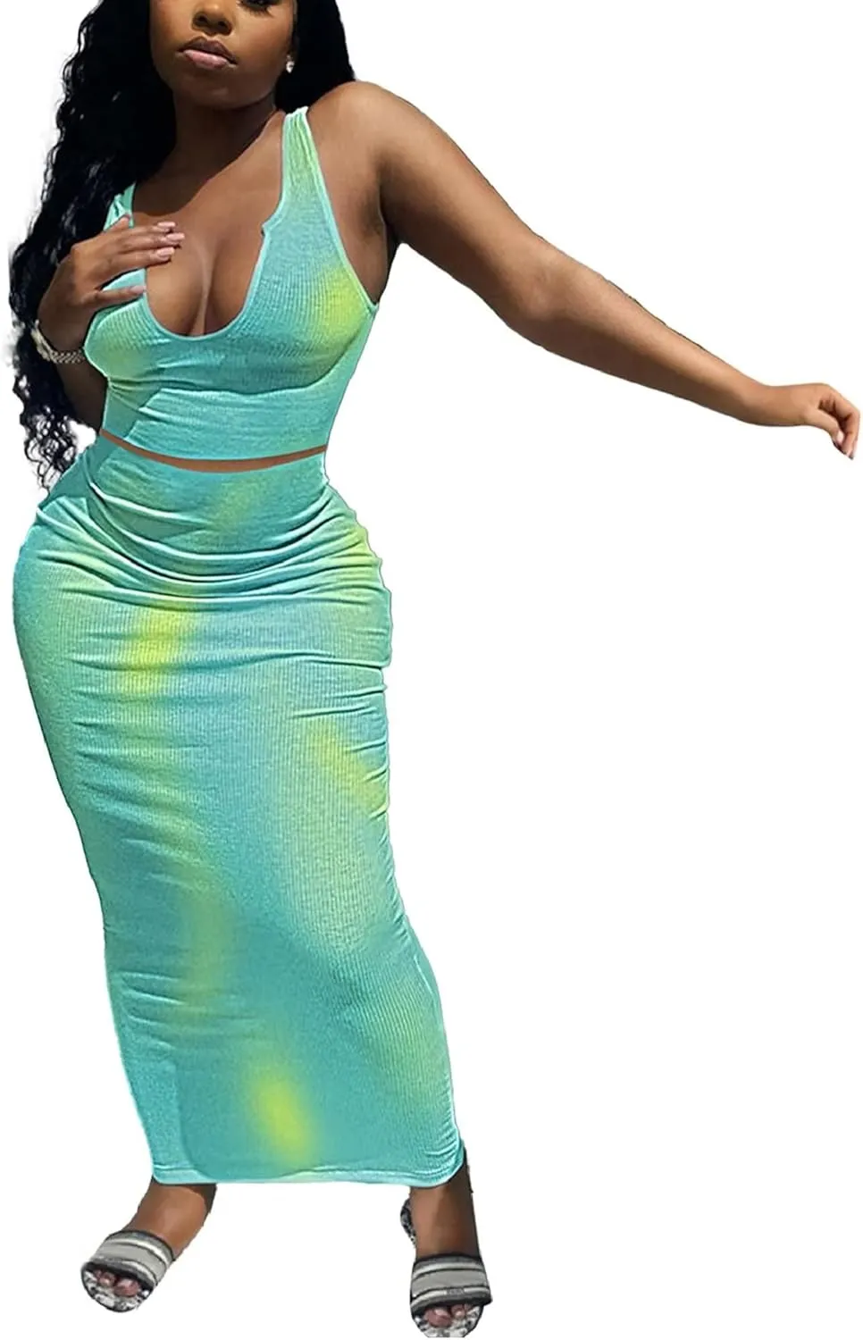 Adogirl Women's Sexy Summer Scoop Neck Ottoman Rib 2 Piece Outfit Bodycon Crop Tank Tops Long Maxi Skirt Set Club Dress