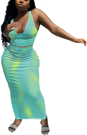 Adogirl Women's Sexy Summer Scoop Neck Ottoman Rib 2 Piece Outfit Bodycon Crop Tank Tops Long Maxi Skirt Set Club Dress