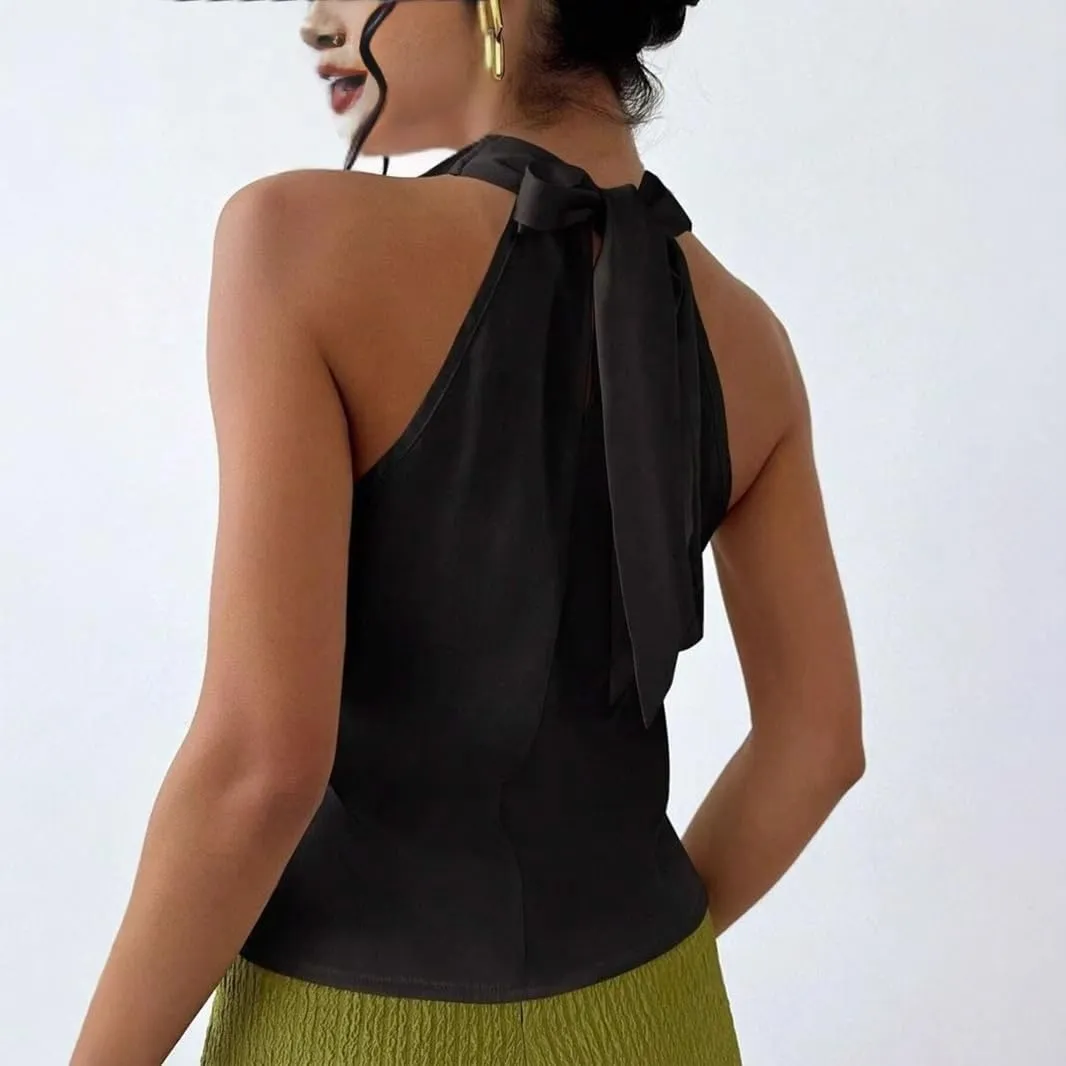 ALCEA ROSEA Women's Silky Satin Camisole Halter Wrap Tie Back Cowl Neck Sleeveless Draped Backless Blouse Tank Top 1888