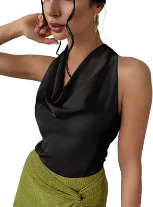 ALCEA ROSEA Women's Silky Satin Camisole Halter Wrap Tie Back Cowl Neck Sleeveless Draped Backless Blouse Tank Top 1888