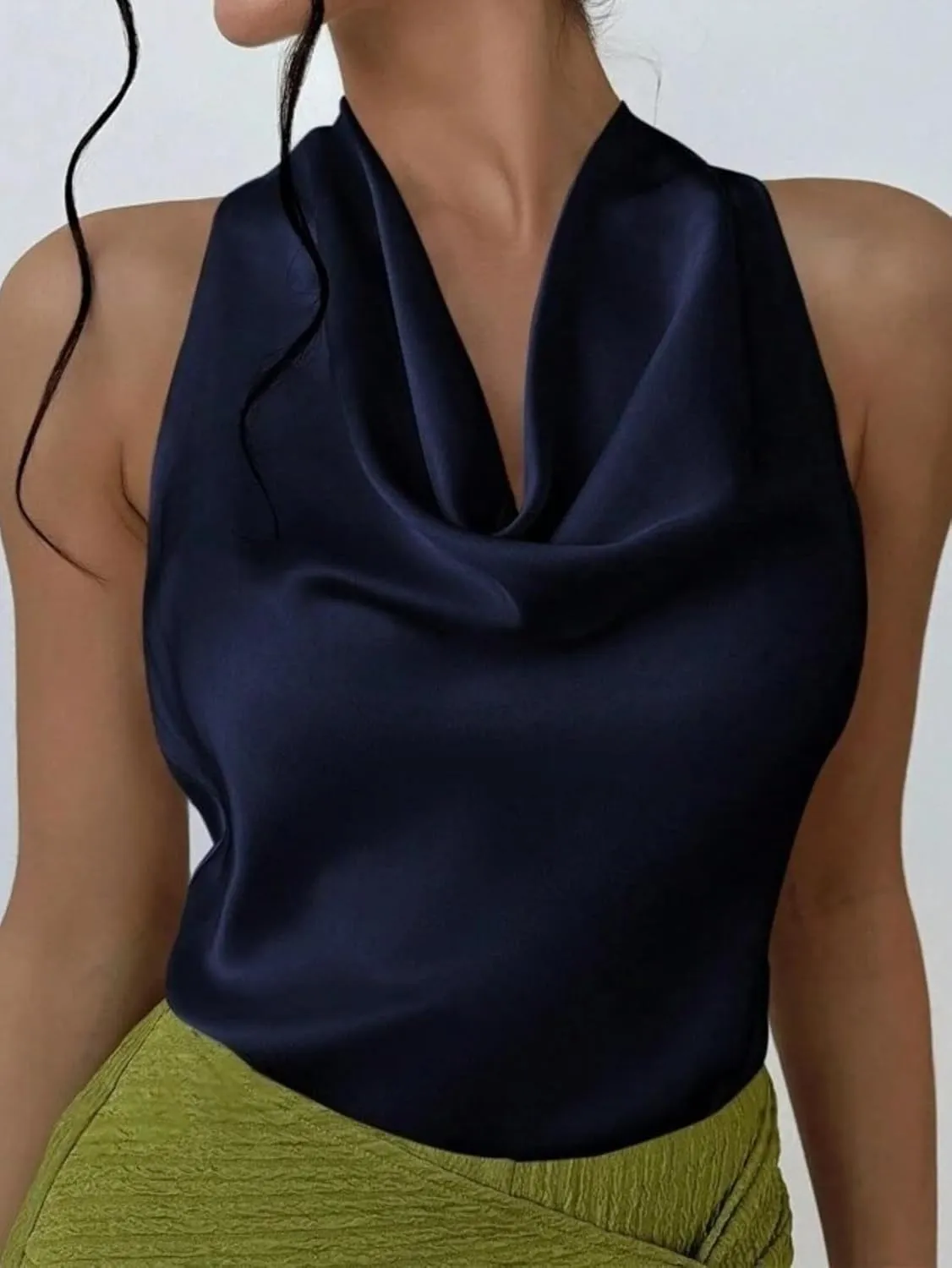 ALCEA ROSEA Women's Silky Satin Camisole Halter Wrap Tie Back Cowl Neck Sleeveless Draped Backless Blouse Tank Top 1888