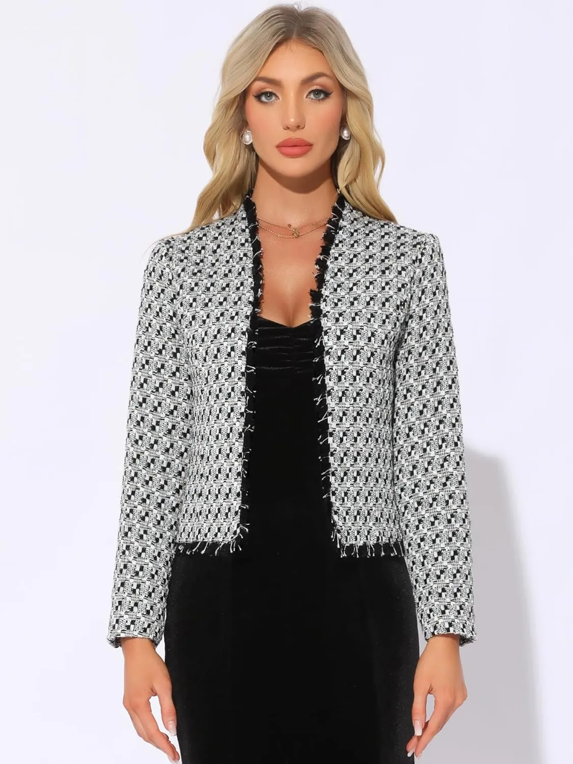 Allegra K Plaid Tweed Blazer for Women's Long Sleeve Open Front Work Office Jacket