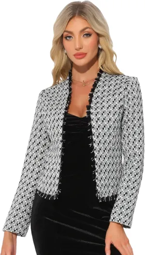 Allegra K Plaid Tweed Blazer for Women's Long Sleeve Open Front Work Office Jacket