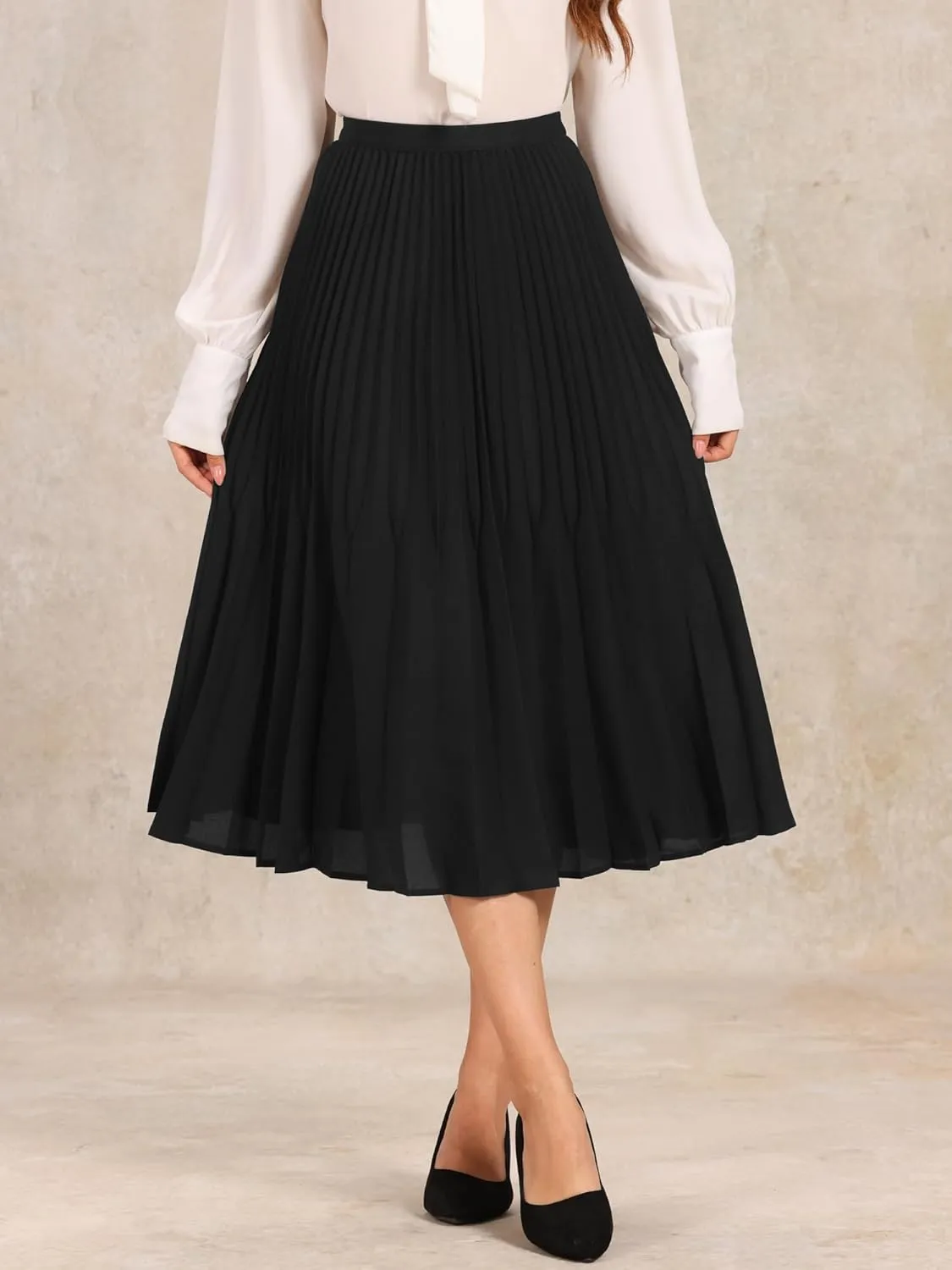 Allegra K Pleated Midi Skirt for Women's Elastic Waist Flowy A-Line Skirts