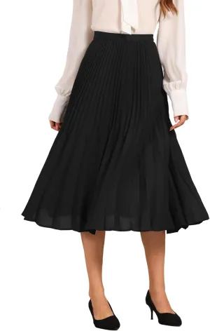 Allegra K Pleated Midi Skirt for Women's Elastic Waist Flowy A-Line Skirts