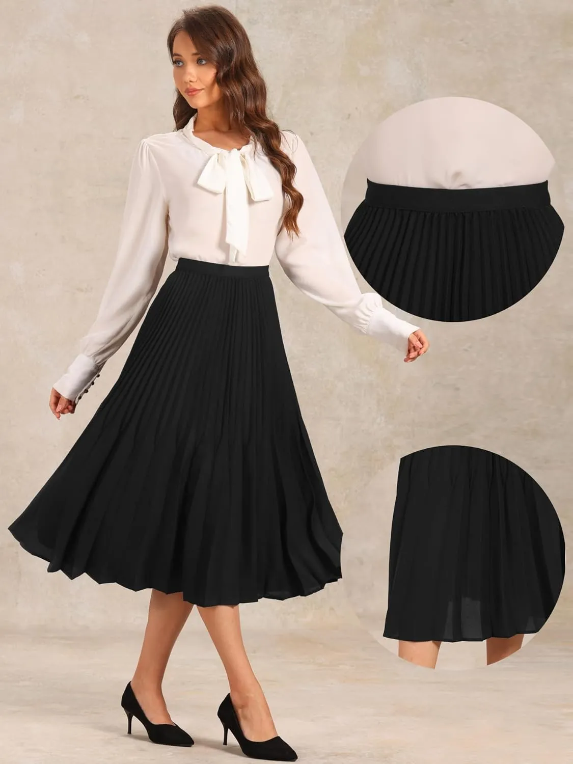 Allegra K Pleated Midi Skirt for Women's Elastic Waist Flowy A-Line Skirts