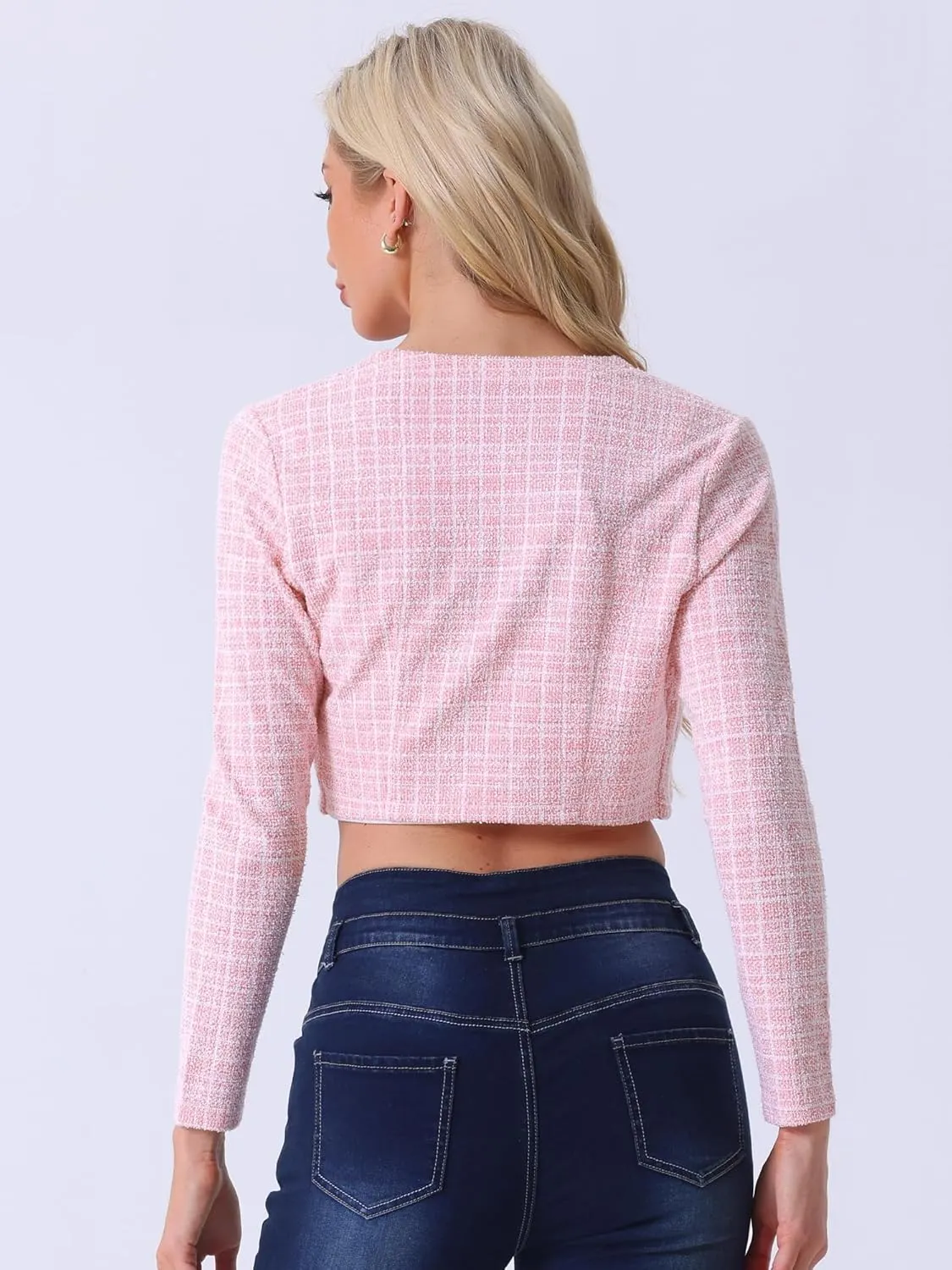 Allegra K Vintage Crop Shrugs for Women's Bolero Open Front Plaid Tweed Cardigan
