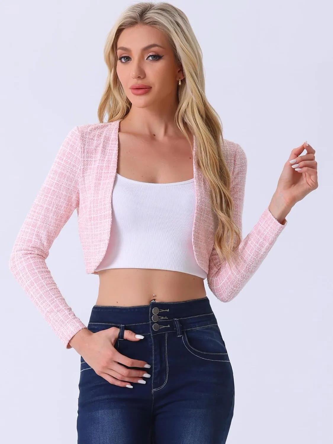 Allegra K Vintage Crop Shrugs for Women's Bolero Open Front Plaid Tweed Cardigan