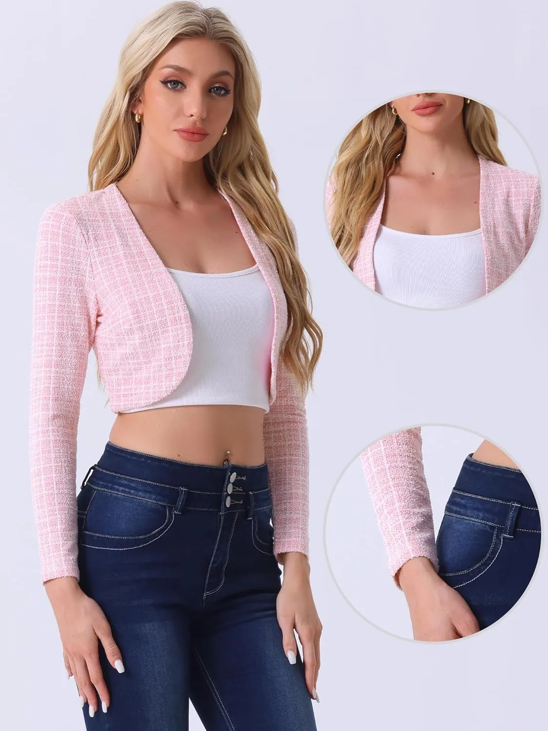 Allegra K Vintage Crop Shrugs for Women's Bolero Open Front Plaid Tweed Cardigan