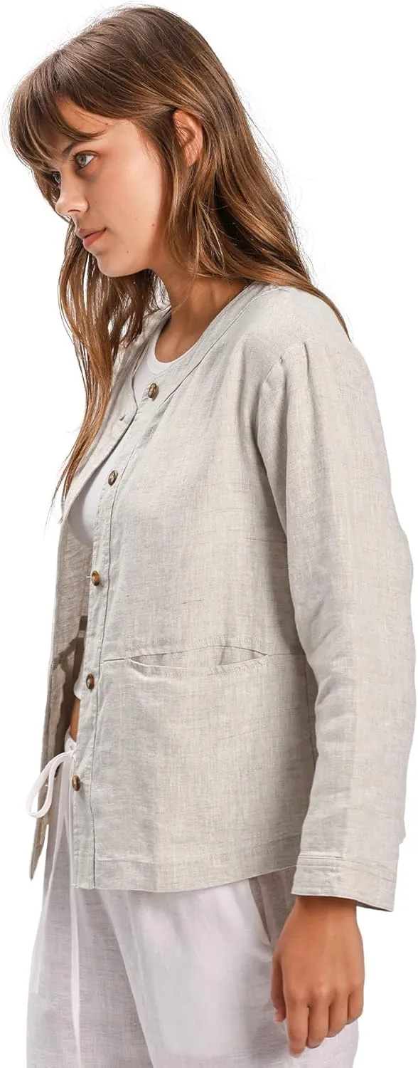 Amazhiyu Women's 100% Linen Long Sleeve Button Up Crew Neck Lightweight Cardigan