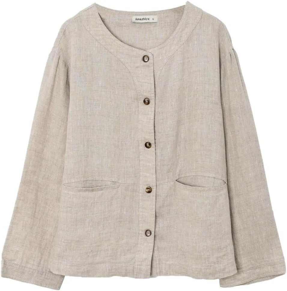 Amazhiyu Women's 100% Linen Long Sleeve Button Up Crew Neck Lightweight Cardigan