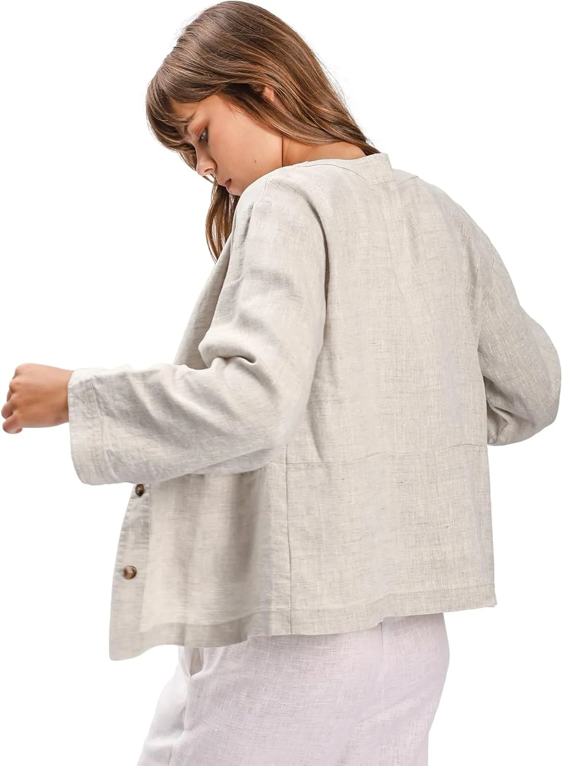 Amazhiyu Women's 100% Linen Long Sleeve Button Up Crew Neck Lightweight Cardigan