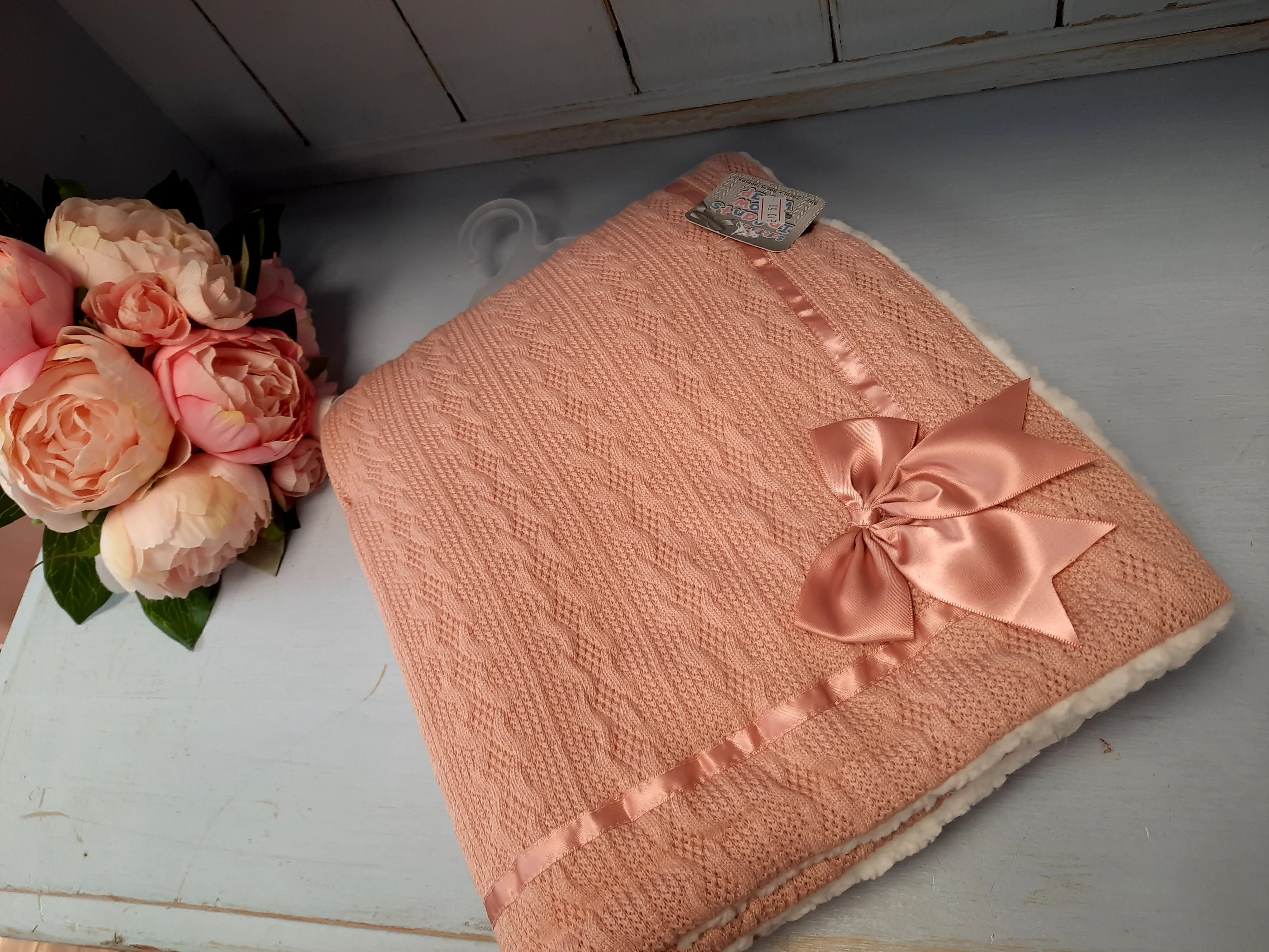 “Angel” Cable Knit Blanket with Bow