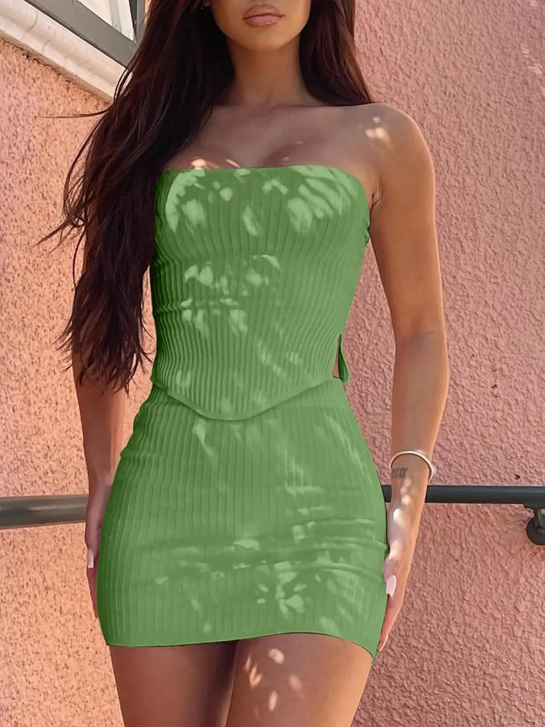 ANRABESS Women 2 Piece Skirt Sets Summer Strapless Crop Top Matching Bodycon Sexy Going Out Mini Club Dress Outfit Clothes