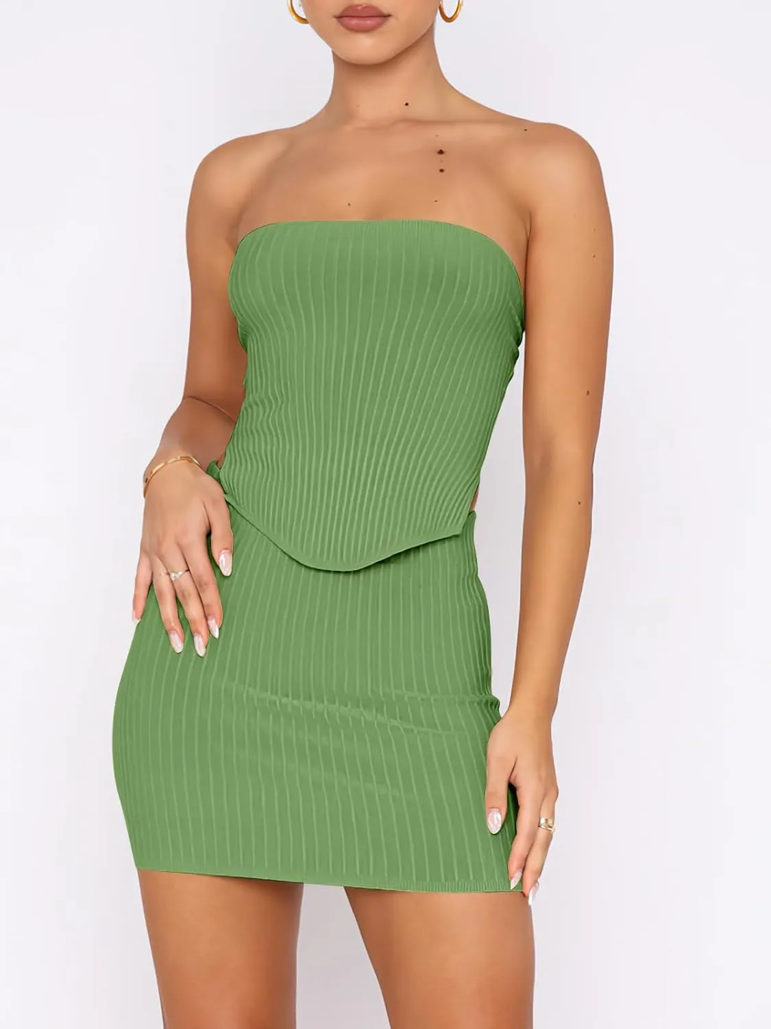 ANRABESS Women 2 Piece Skirt Sets Summer Strapless Crop Top Matching Bodycon Sexy Going Out Mini Club Dress Outfit Clothes