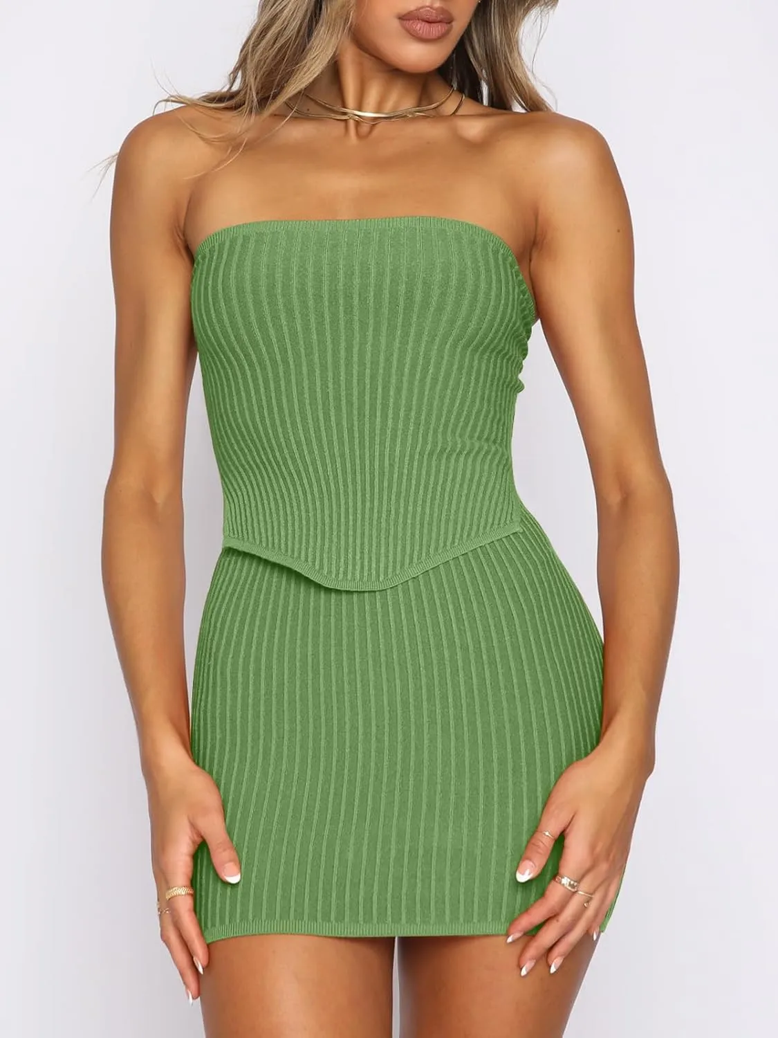 ANRABESS Women 2 Piece Skirt Sets Summer Strapless Crop Top Matching Bodycon Sexy Going Out Mini Club Dress Outfit Clothes