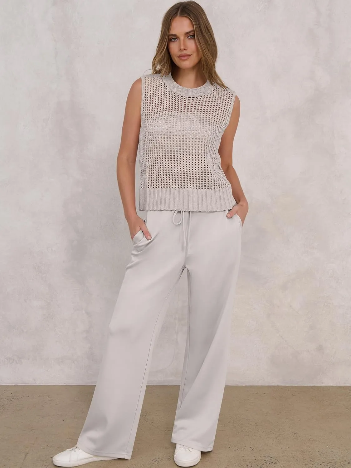 ANRABESS Women 2 Piece Summer Outfits 2025 Crochet Sweater Vest Wide Leg Pants Lounge Matching Sets Travel Vacation Clothes