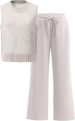 ANRABESS Women 2 Piece Summer Outfits 2025 Crochet Sweater Vest Wide Leg Pants Lounge Matching Sets Travel Vacation Clothes