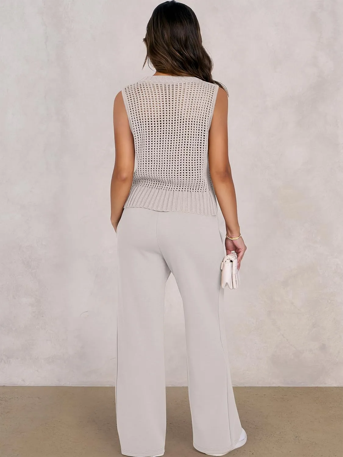 ANRABESS Women 2 Piece Summer Outfits 2025 Crochet Sweater Vest Wide Leg Pants Lounge Matching Sets Travel Vacation Clothes