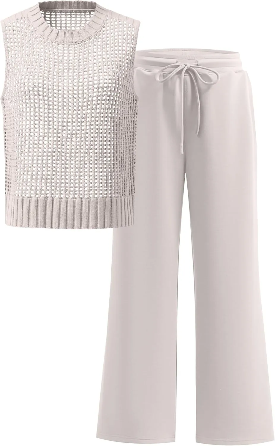 ANRABESS Women 2 Piece Summer Outfits 2025 Crochet Sweater Vest Wide Leg Pants Lounge Matching Sets Travel Vacation Clothes