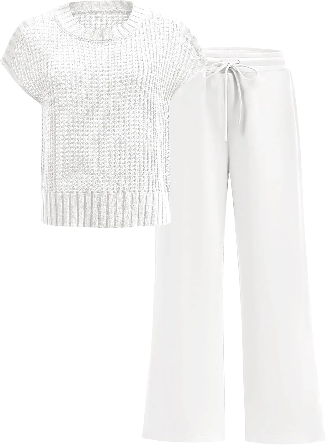 ANRABESS Women Two Piece Outfits Crochet Sheer Knit Sweater Top Wide Leg Pants Lounge Matching Sets Sweatsuit Travel Clothes