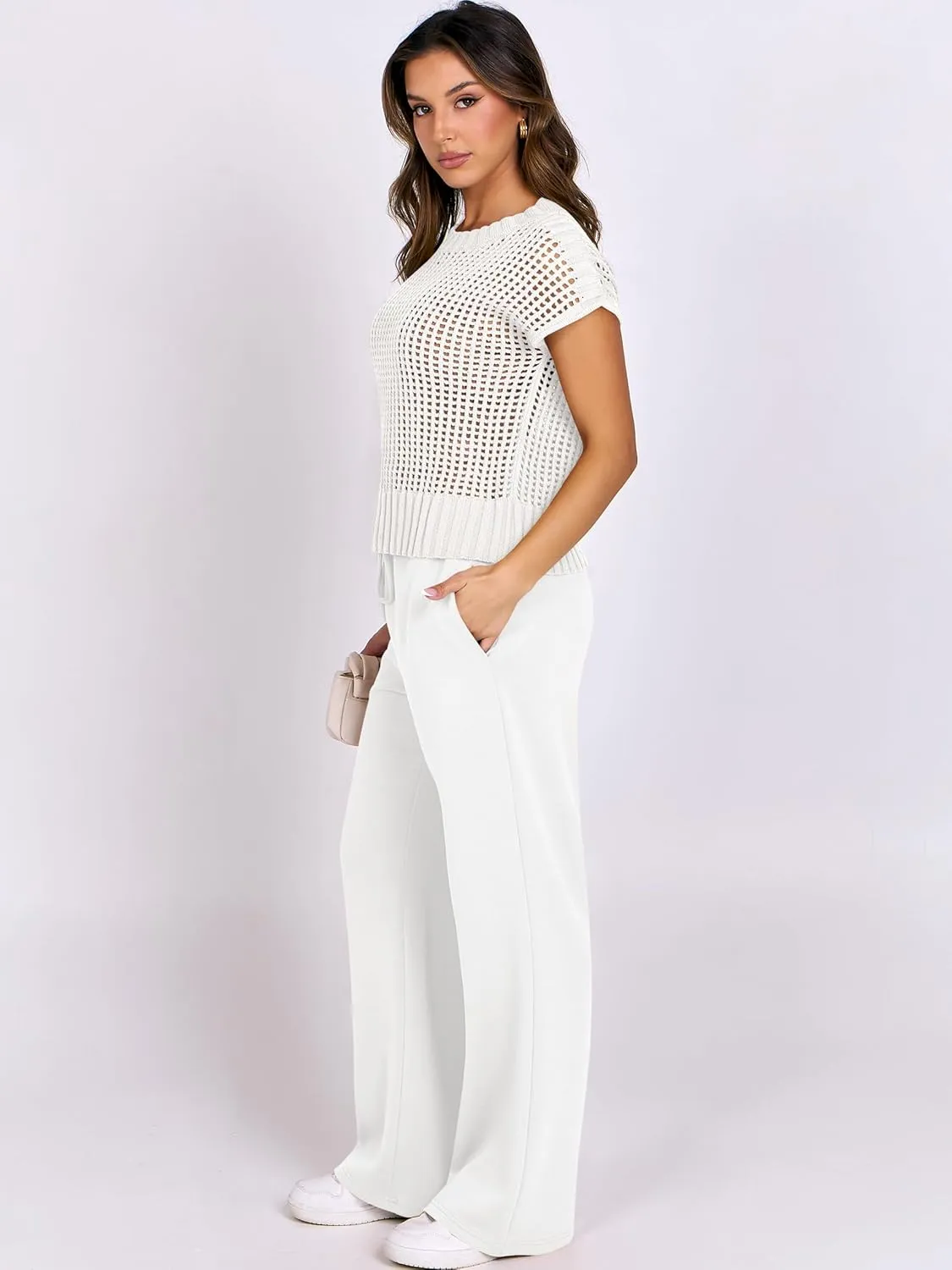 ANRABESS Women Two Piece Outfits Crochet Sheer Knit Sweater Top Wide Leg Pants Lounge Matching Sets Sweatsuit Travel Clothes