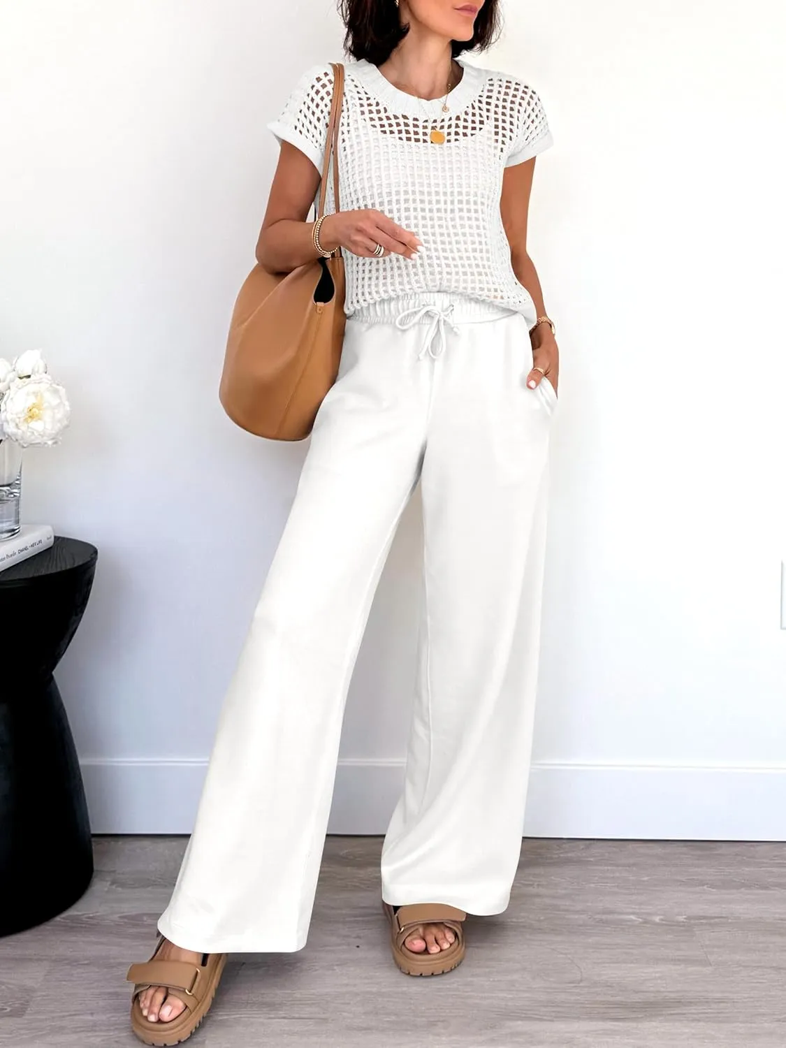 ANRABESS Women Two Piece Outfits Crochet Sheer Knit Sweater Top Wide Leg Pants Lounge Matching Sets Sweatsuit Travel Clothes