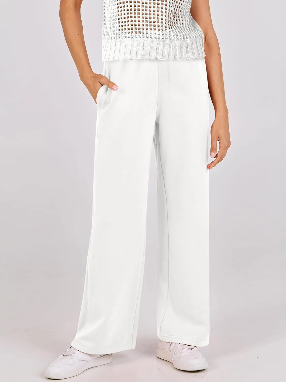 ANRABESS Women Two Piece Outfits Crochet Sheer Knit Sweater Top Wide Leg Pants Lounge Matching Sets Sweatsuit Travel Clothes