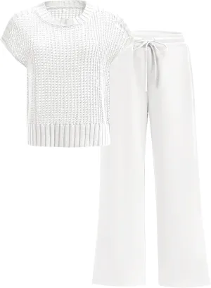 ANRABESS Women Two Piece Outfits Crochet Sheer Knit Sweater Top Wide Leg Pants Lounge Matching Sets Sweatsuit Travel Clothes
