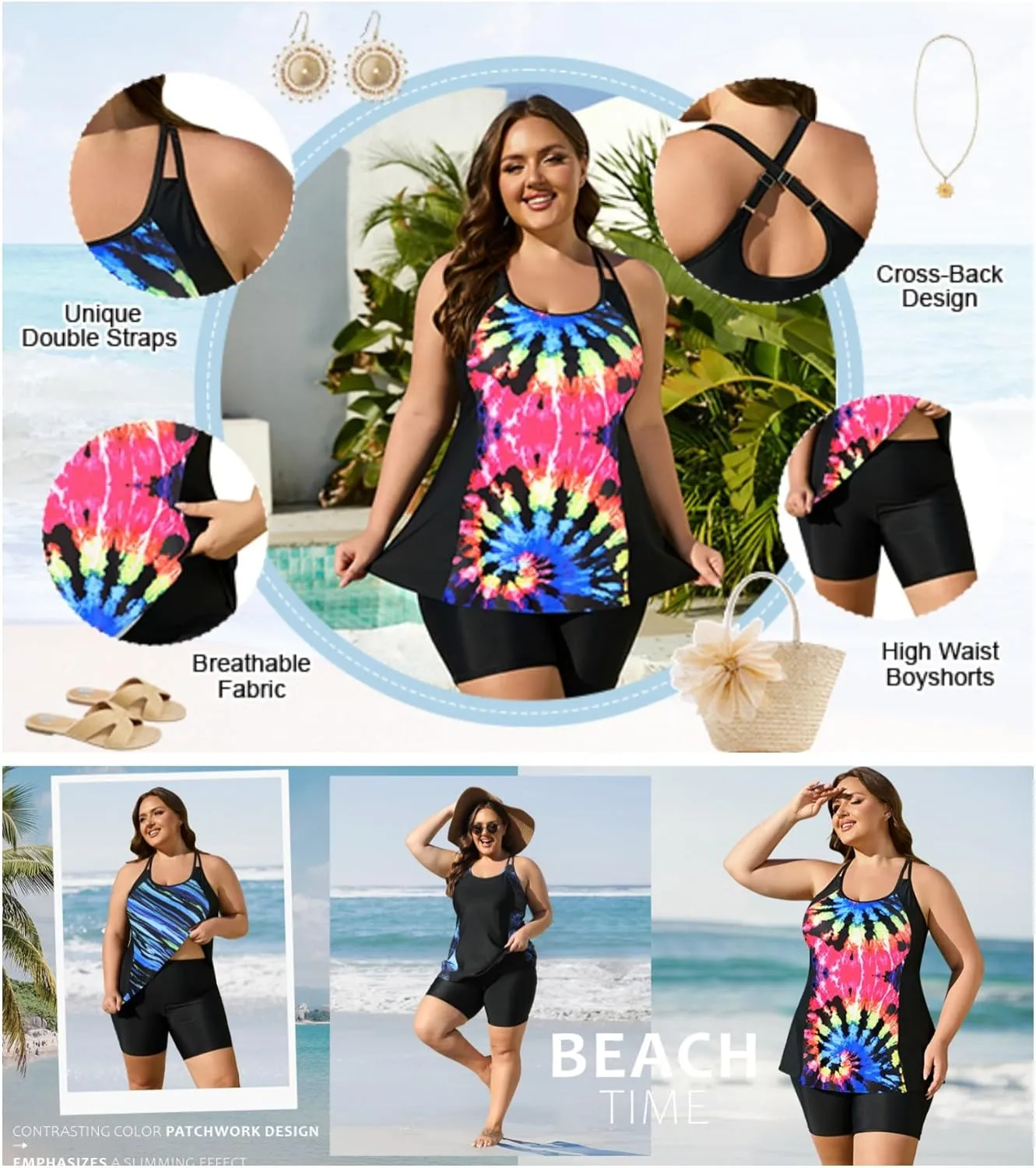AOVDE Women's Plus Size Tankini Swimsuits: Two Piece Bathing Suits Tank Tops with Boy Shorts Flowy Swimwear for Curvy Women