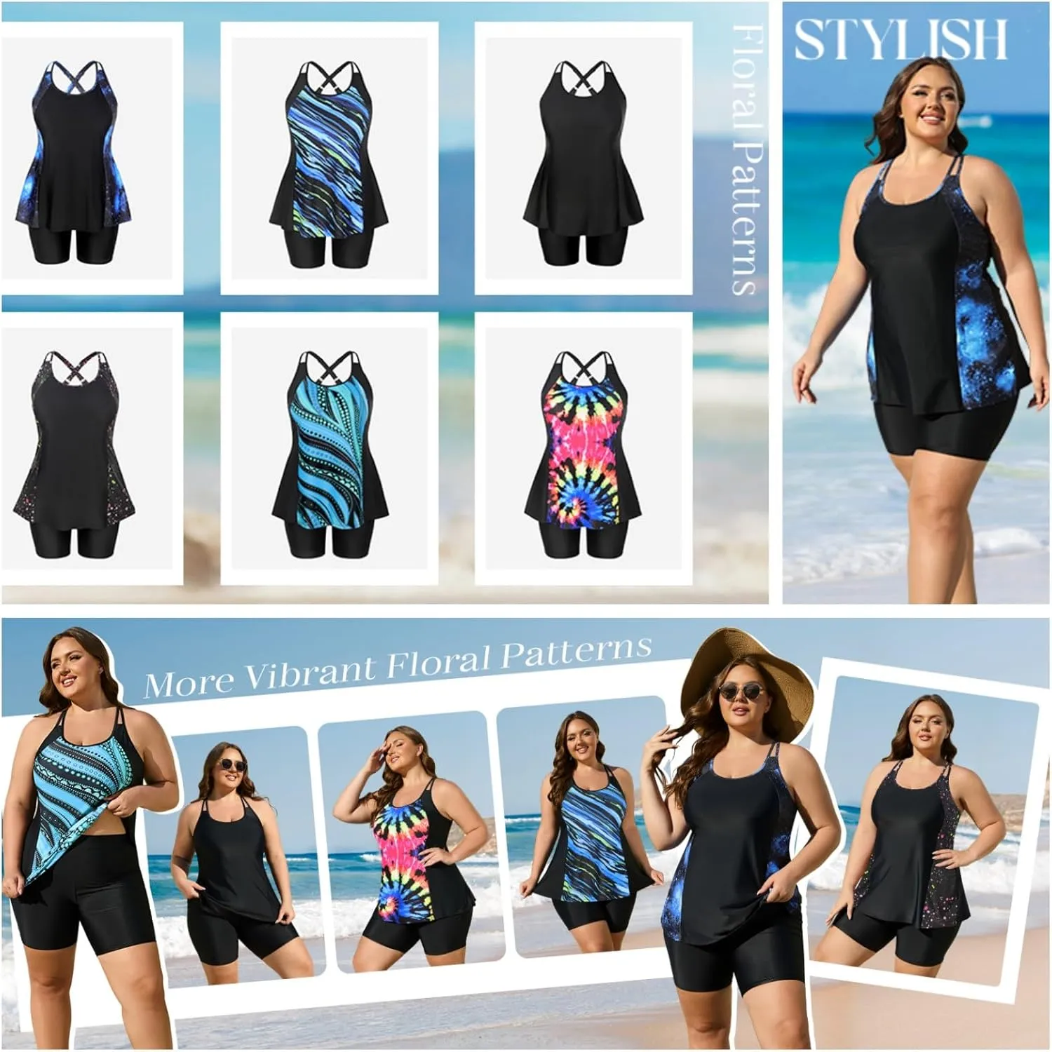 AOVDE Women's Plus Size Tankini Swimsuits: Two Piece Bathing Suits Tank Tops with Boy Shorts Flowy Swimwear for Curvy Women