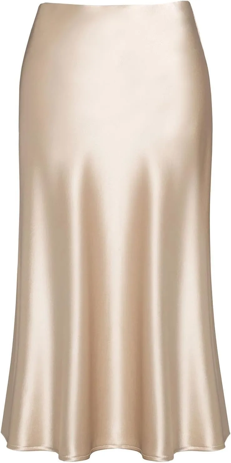 Basoteeuo Midi Skirts for Women High Waist Satin Summer Casual Sexy Midi Length Elastic Skirt