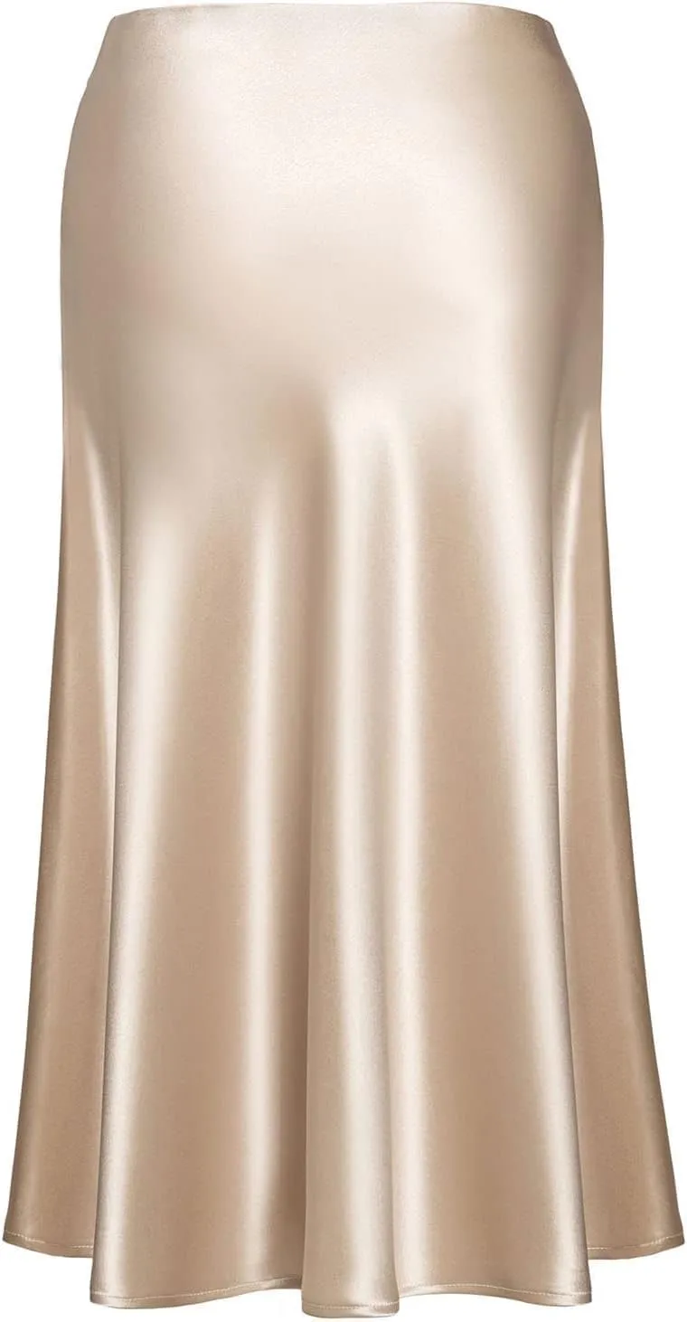 Basoteeuo Midi Skirts for Women High Waist Satin Summer Casual Sexy Midi Length Elastic Skirt