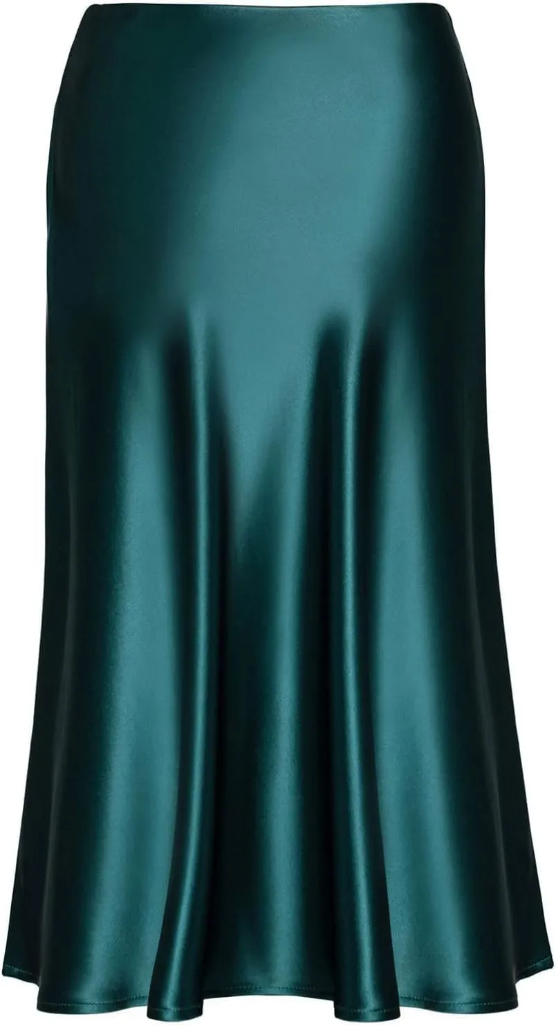 Basoteeuo Midi Skirts for Women High Waist Satin Summer Casual Sexy Midi Length Elastic Skirt