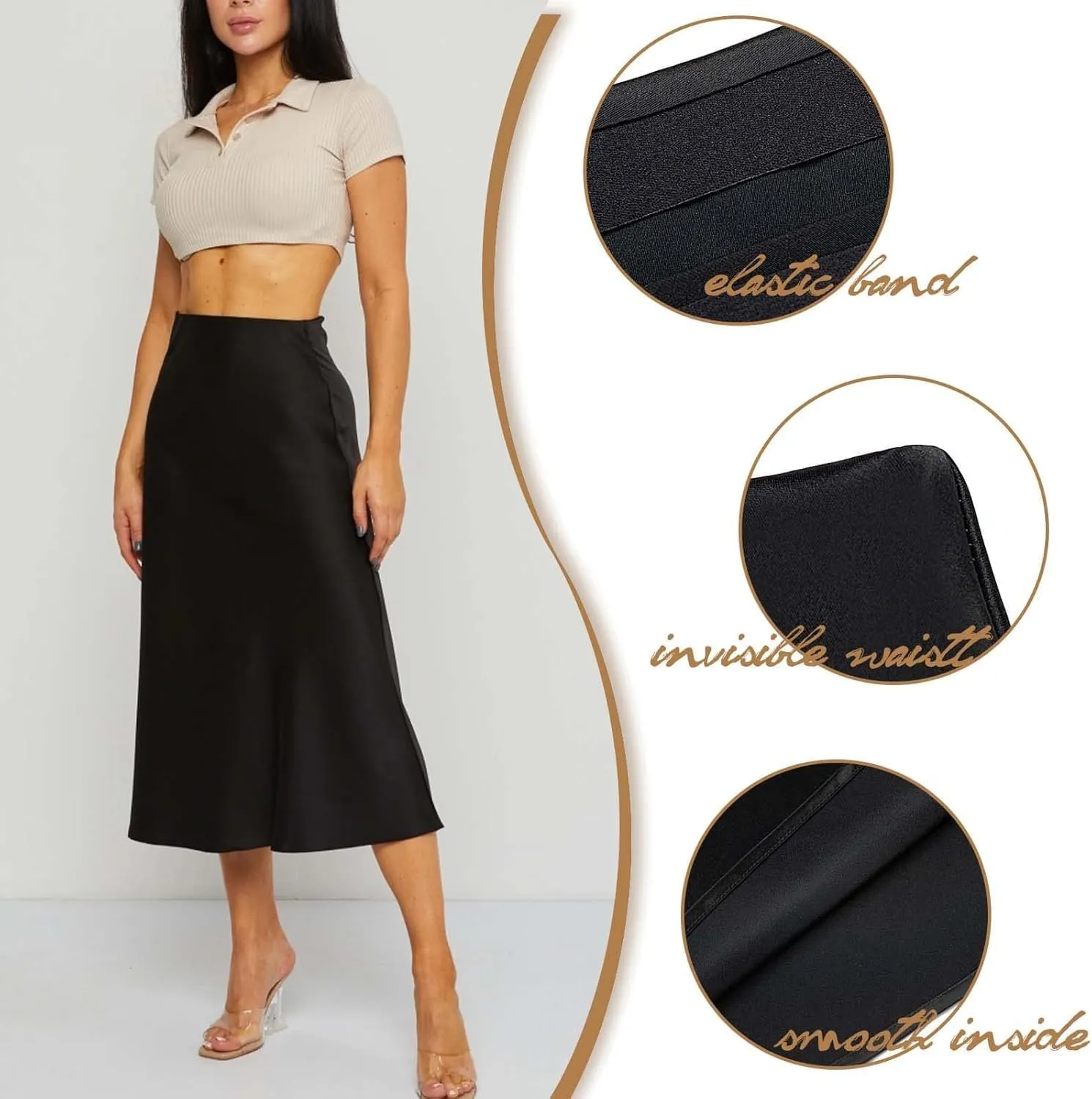 Basoteeuo Midi Skirts for Women High Waist Satin Summer Casual Sexy Midi Length Elastic Skirt