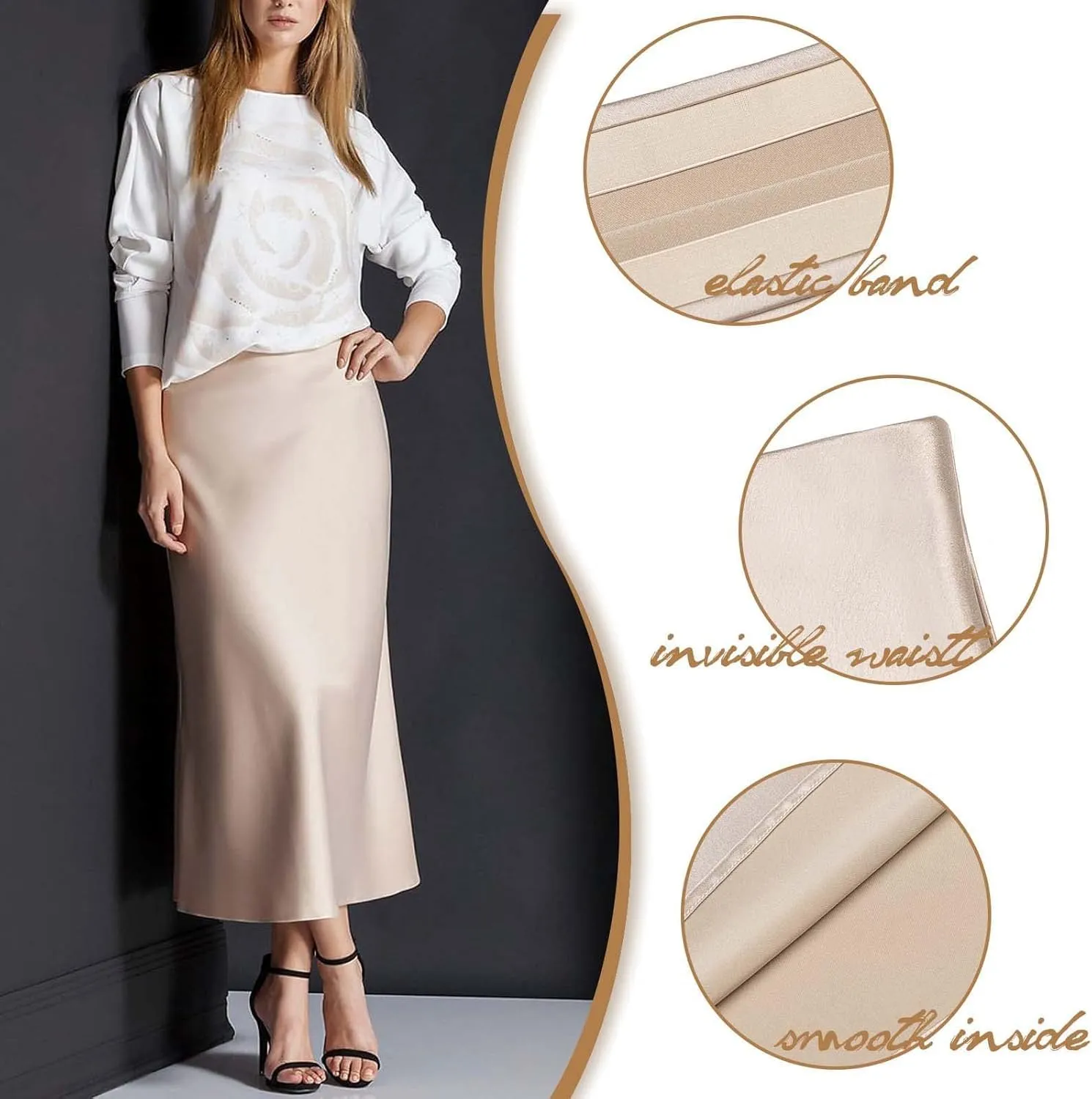 Basoteeuo Midi Skirts for Women High Waist Satin Summer Casual Sexy Midi Length Elastic Skirt