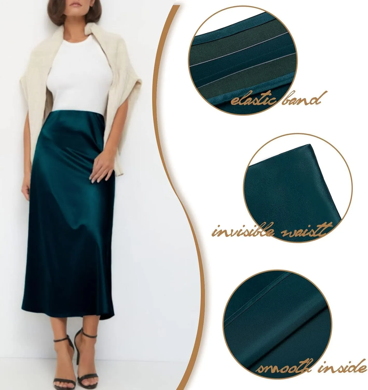 Basoteeuo Midi Skirts for Women High Waist Satin Summer Casual Sexy Midi Length Elastic Skirt