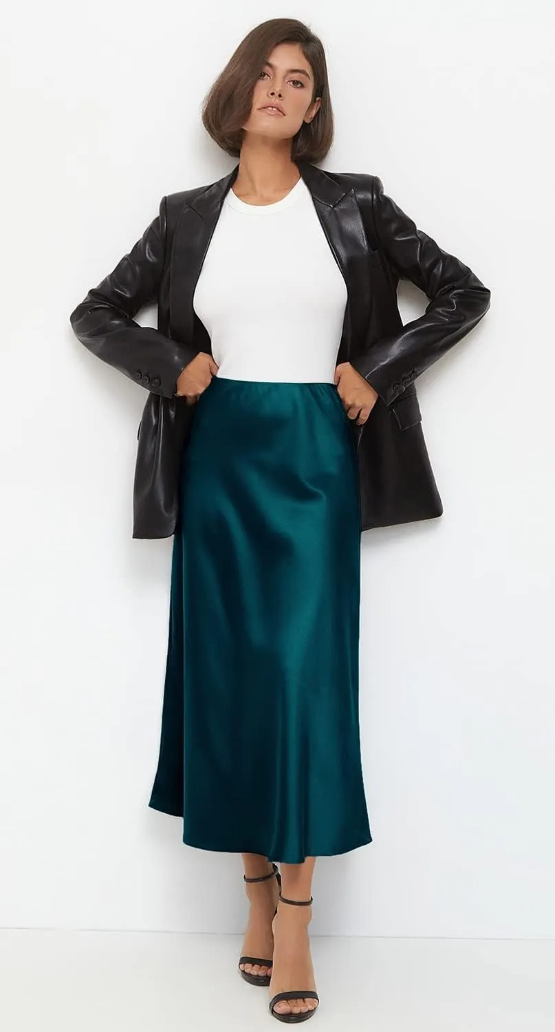 Basoteeuo Midi Skirts for Women High Waist Satin Summer Casual Sexy Midi Length Elastic Skirt