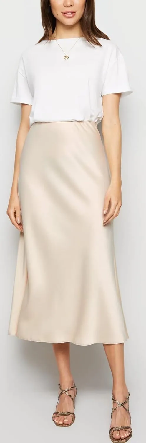 Basoteeuo Midi Skirts for Women High Waist Satin Summer Casual Sexy Midi Length Elastic Skirt