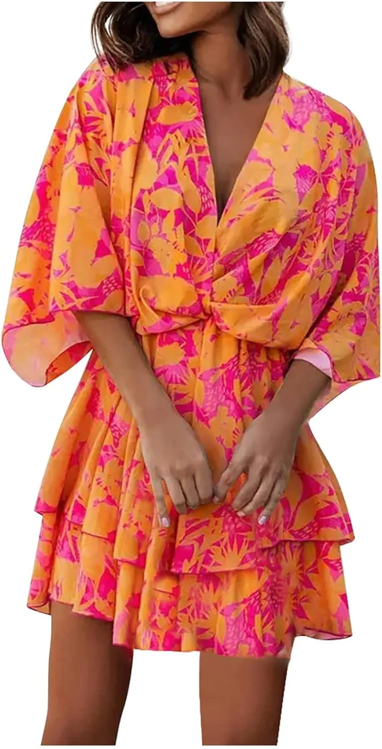 Beach Summer Dresses for Women 2025 Trendy Casual Sundress Ruffle Hawaiian Vacation Mini Dress V Neck Batwing Sleeve