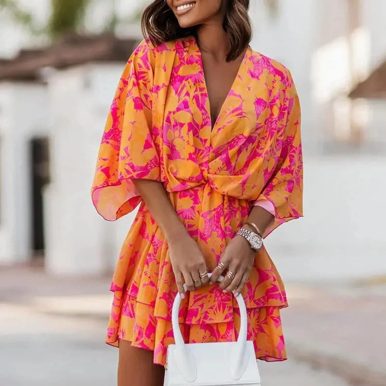 Beach Summer Dresses for Women 2025 Trendy Casual Sundress Ruffle Hawaiian Vacation Mini Dress V Neck Batwing Sleeve