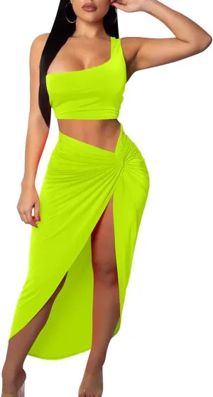 BEAGIMEG Women's Sexy One Shoulder Long Bodycon Slit Skirt 2 Pieces Dress