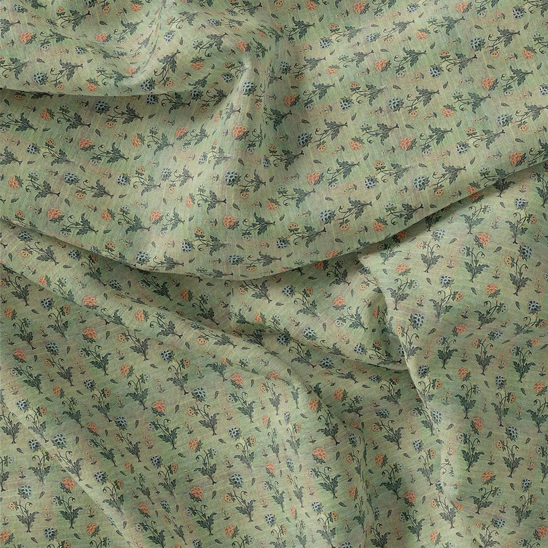 Beautiful Green Seamless Motif Flower Digital Printed Fabric - Kora Silk